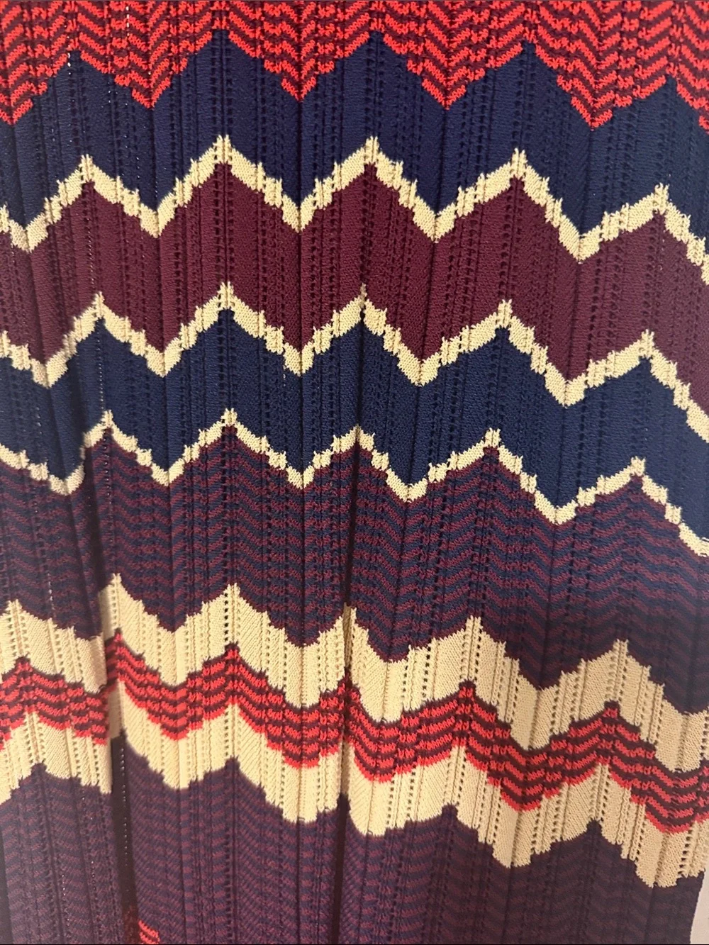 Chevron Ribbed Long-Sleeve Midi Dress - Navy, Red & Cream